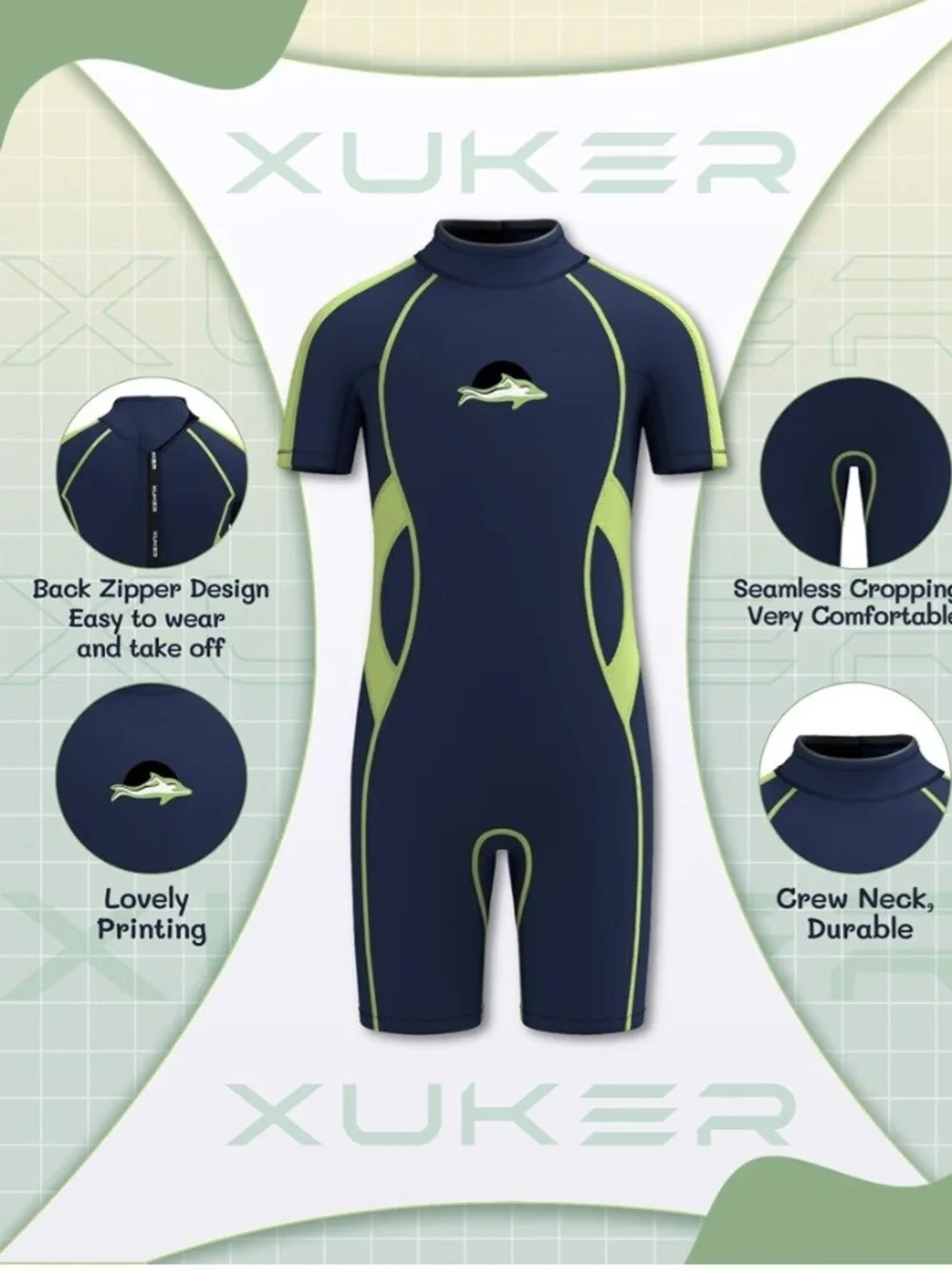 NWOT - XUKER 3mm Neoprene Thermal Wetsuit for Kids Size 10 Green/Blue